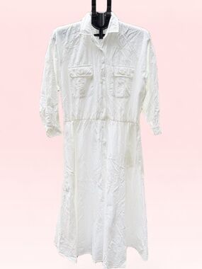 Vintage Avon Fashions White Cotton Shirt Dress Utility Midi Pocket Size 9/10